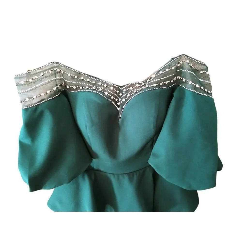 Odrella‎ Rhinestone Mesh Peplum Puffer Sleeve Dress UK 12/ US 10 Women's